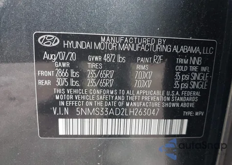 2020 Hyundai Santa Fe Sel из США, поврежденный, VIN 5NMS33AD2LH263047